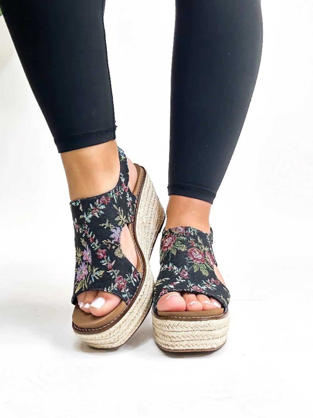 Corkys Floral Dreams Platform Wedge – Black Braided Espadrille Sandals